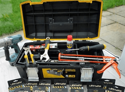 A small image showing a toolbox and various maintenance supplies